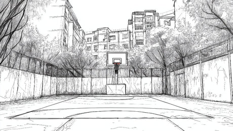 Urban basketball court design file showing detailed architectural sketch pattern in monochrome style