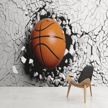 Basketball 3D Breaking Wall Mural installed in a modern teen bedroom, showing dramatic depth effect and sporty atmosphere