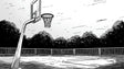 Basketball court wallpaper in modern teen bedroom showing black and white urban design with dramatic court perspective