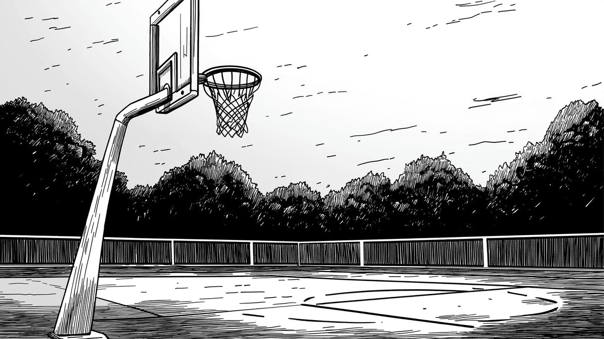Basketball court wallpaper in modern teen bedroom showing black and white urban design with dramatic court perspective