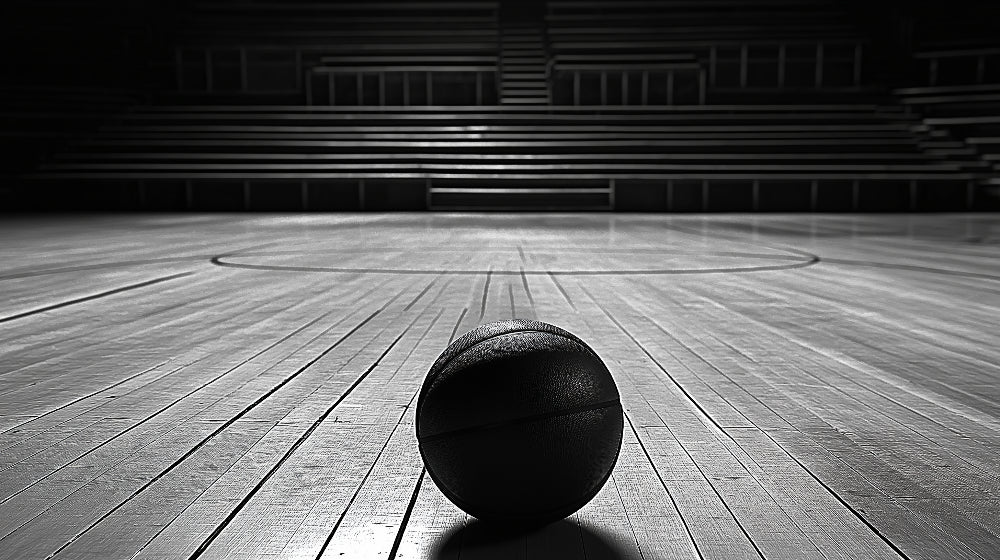 Black and white basketball court design file showing detailed court lines and dramatic shadows