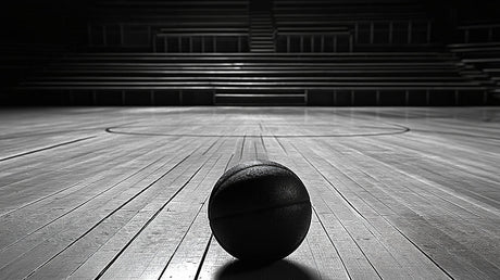 Black and white basketball court design file showing detailed court lines and dramatic shadows