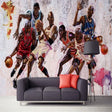 Basketball mural wallpaper brings sporting action to life in a modern teen bedroom, featuring dynamic players in motion