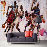 Basketball mural wallpaper brings sporting action to life in a modern teen bedroom, featuring dynamic players in motion