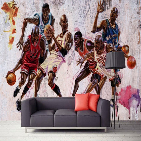 Basketball mural wallpaper brings sporting action to life in a modern teen bedroom, featuring dynamic players in motion