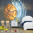 Basketball wallpaper mural showcased in a modern teen bedroom, orange and blue light effects creating dynamic atmosphere