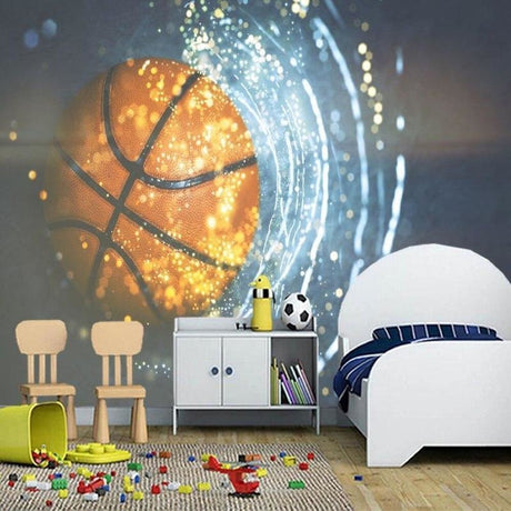 Basketball wallpaper mural showcased in a modern teen bedroom, orange and blue light effects creating dynamic atmosphere
