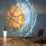 Sports themed wall mural displayed in a home gym, basketball design with glowing effects adding energy to workout space