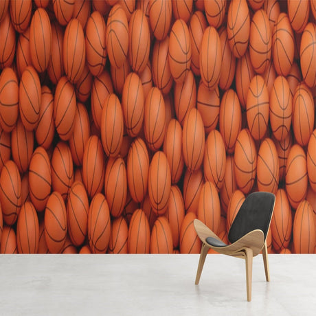 Basketball pattern wallpaper transforms a modern teen bedroom with orange and black sports theme design