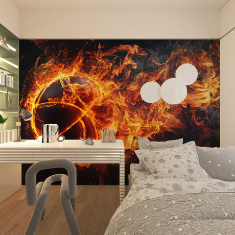 Basketball wallpaper mural styled in modern teen bedroom with gaming setup showing fierce flaming ball design