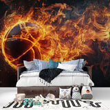 Sports room with basketball wall mural featuring dramatic flames effect behind practice area