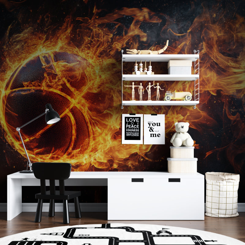 Home gym setup with basketball themed wallpaper showing flaming ball in motion