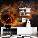 Home gym setup with basketball themed wallpaper showing flaming ball in motion