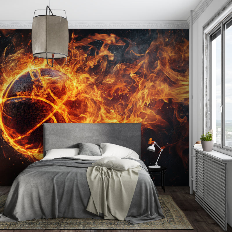 Game room featuring basketball wall mural with fire effects creating energetic atmosphere