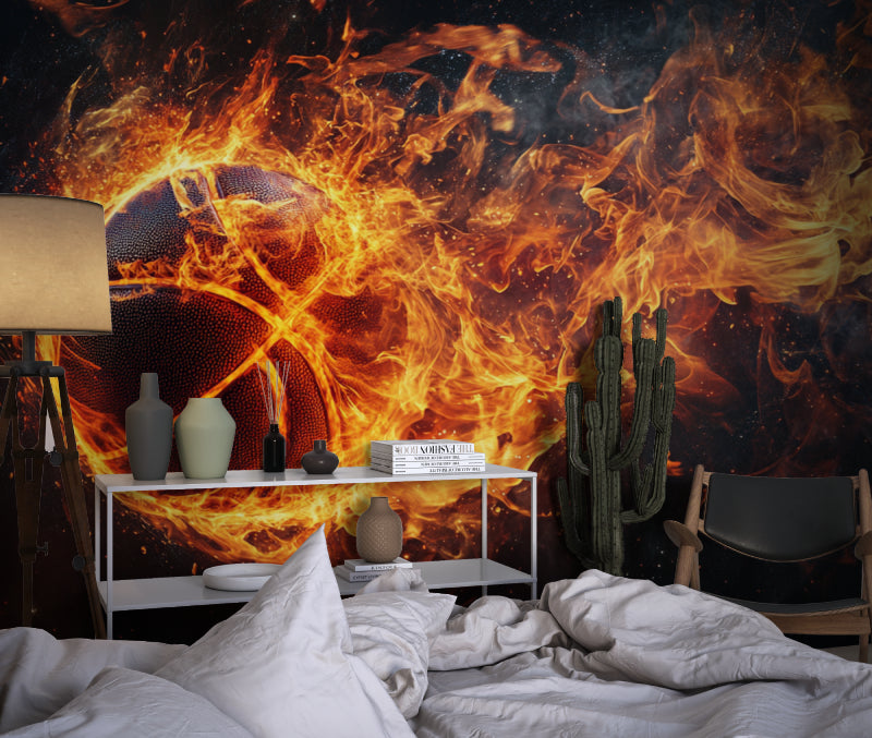 Man cave decorated with dramatic basketball wallpaper showing flaming ball design