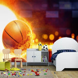 Basketball wallpaper mural styled in modern teen bedroom, showing flaming ball design with glowing effects