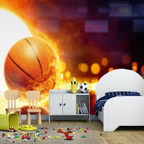Basketball wallpaper mural styled in modern teen bedroom, showing flaming ball design with glowing effects