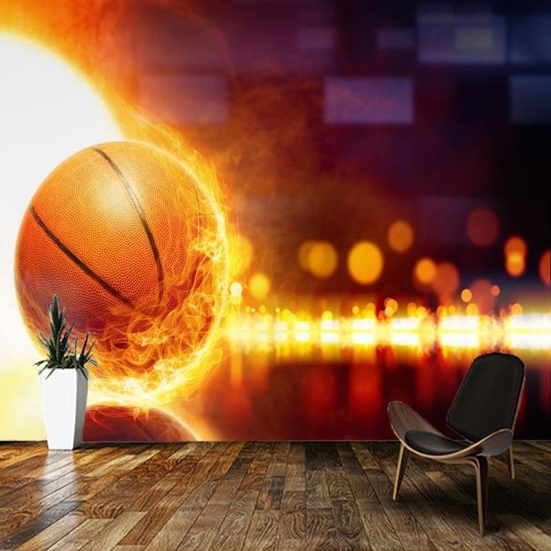 Sports themed wall mural featuring basketball design in home gym setting with ambient lighting