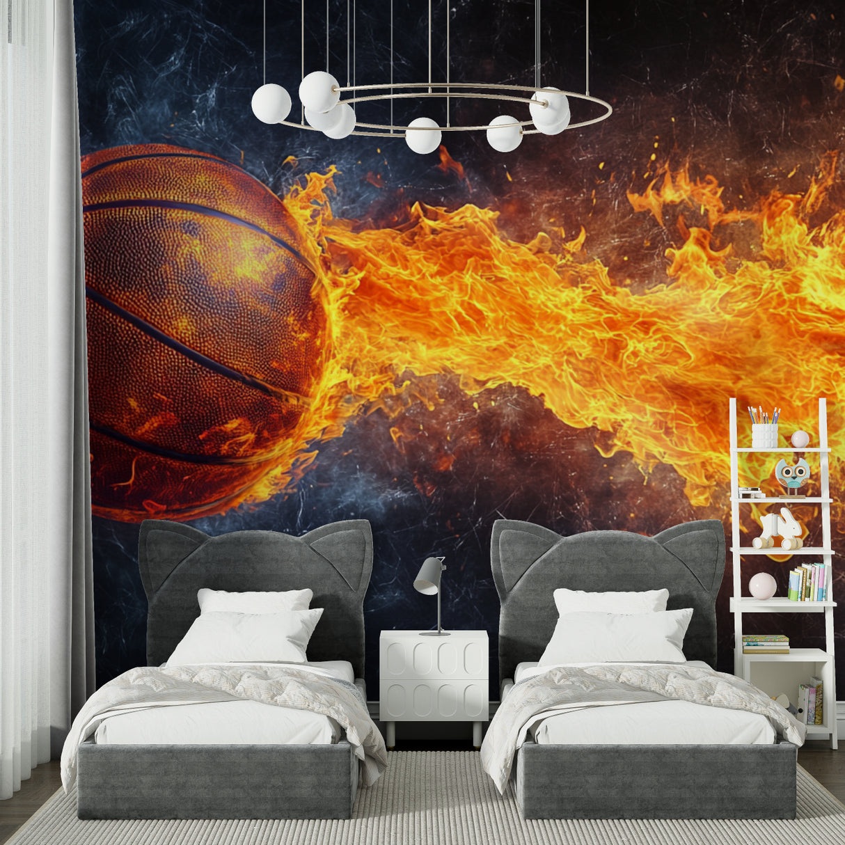 Basketball wallpaper mural bringing energy to a modern teen bedroom with gaming setup