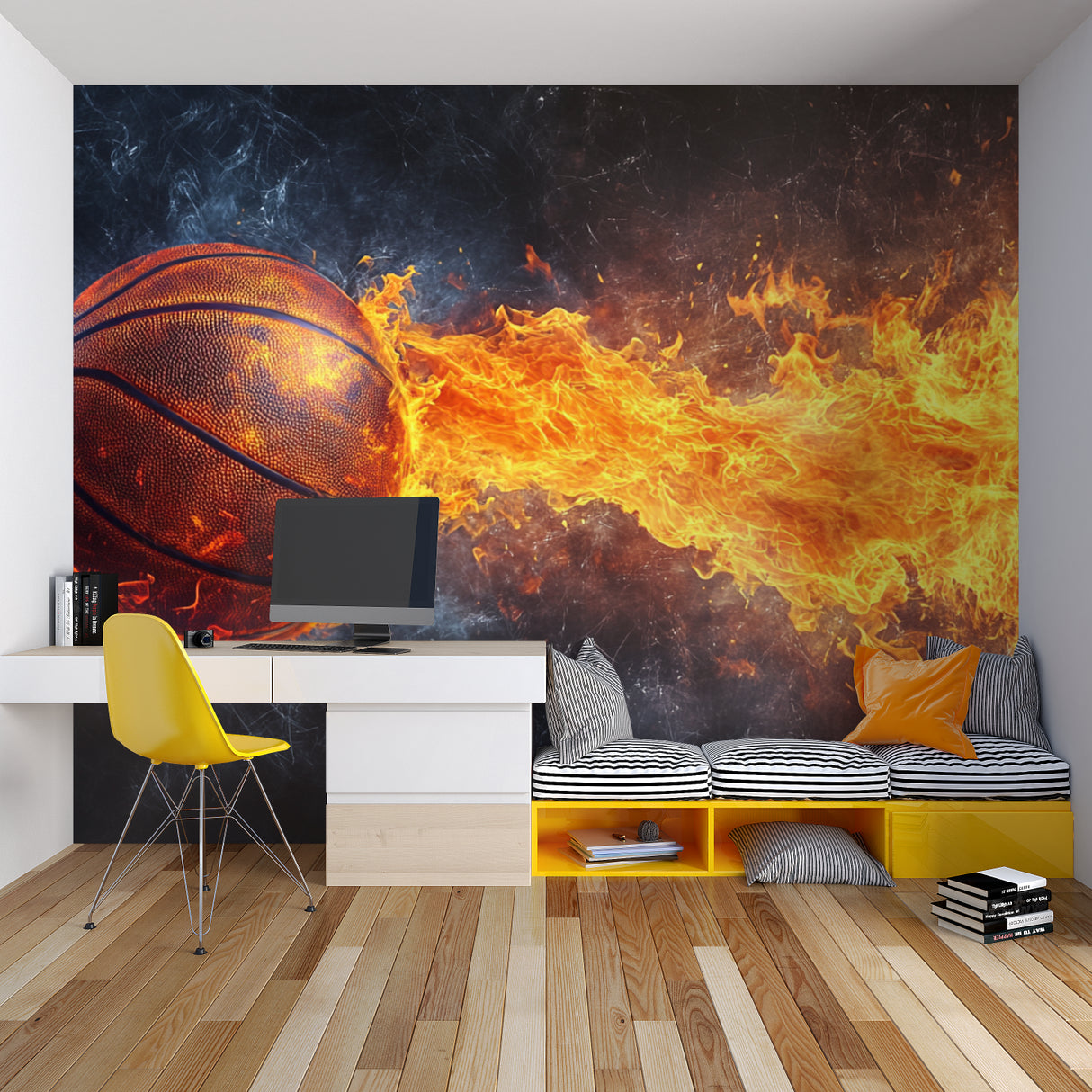 Sports themed wall mural featuring flaming basketball in a home gym setting