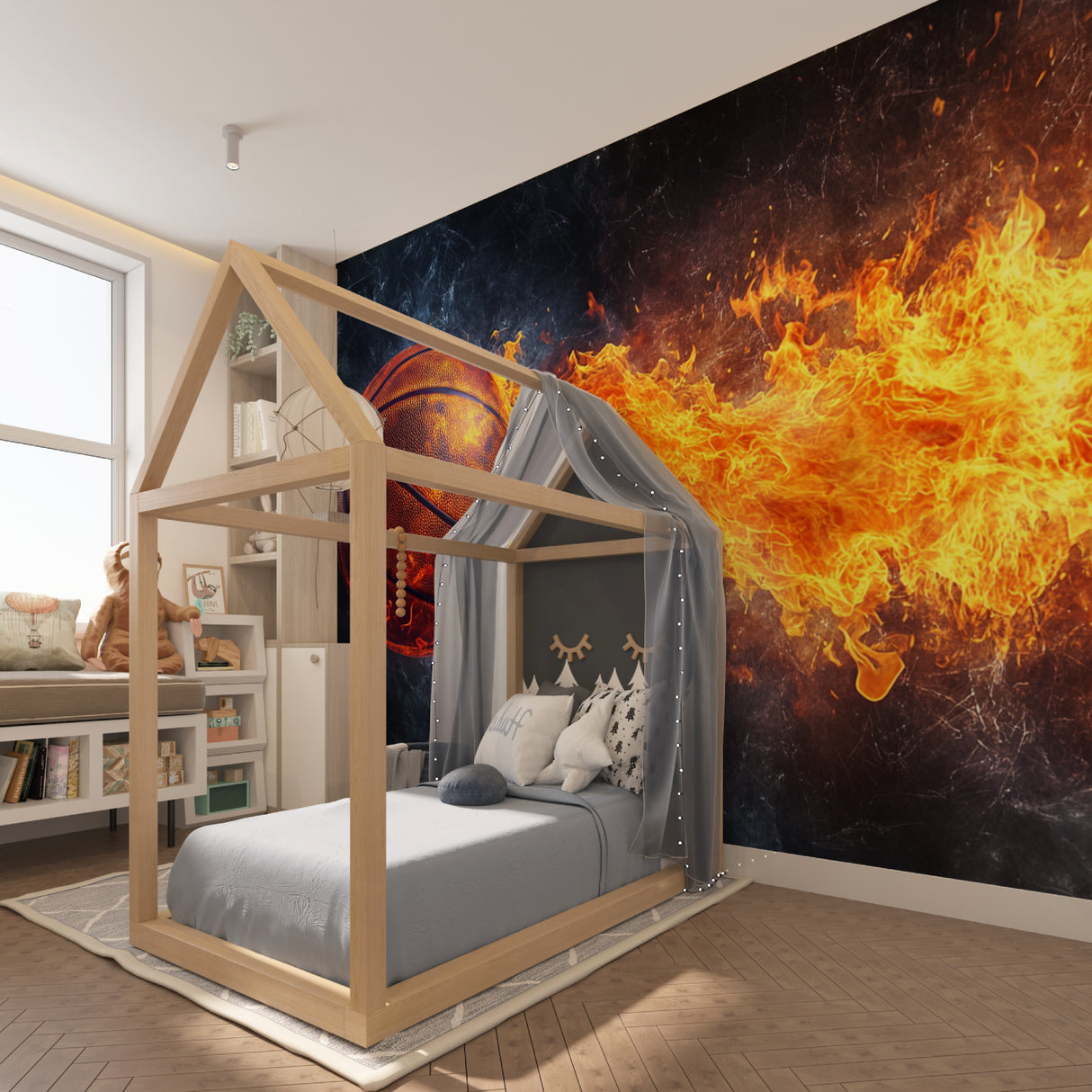 Basketball wall art transforming a game room with dramatic flames and smoke effects