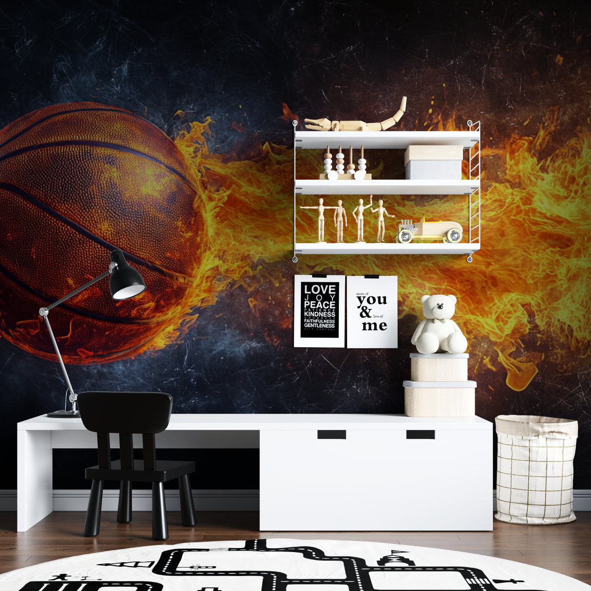 Flaming basketball mural wallpaper making a statement in a sports bar