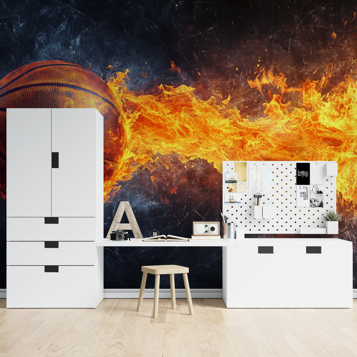 Basketball themed wallpaper bringing energy to a school sports facility