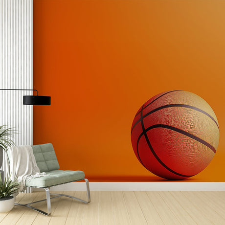 Basketball wall mural displayed in a modern teen bedroom, showing the striking orange design creating an energetic atmosphere