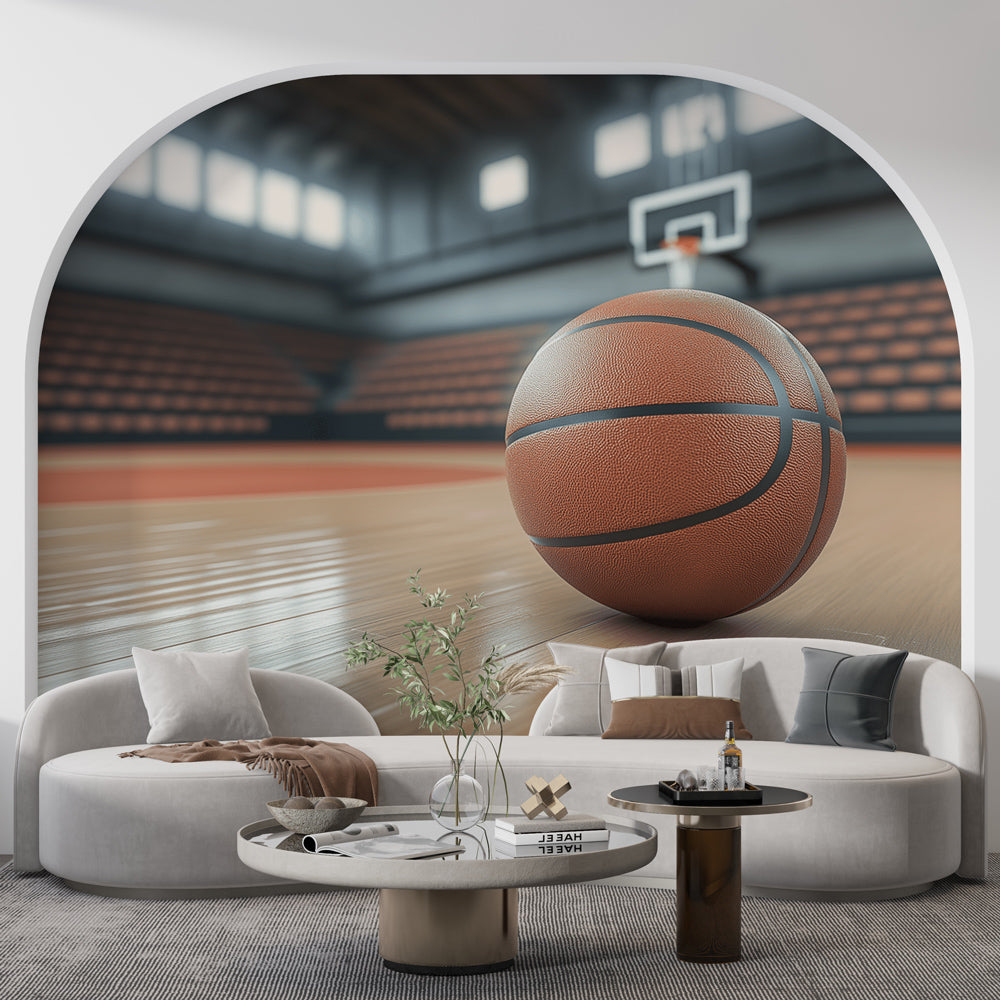 Basketball arena wallpaper mural displayed in a modern teen bedroom, showing the dynamic court design and dramatic lighting