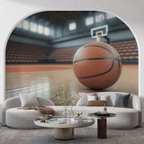 Basketball arena wallpaper mural displayed in a modern teen bedroom, showing the dynamic court design and dramatic lighting