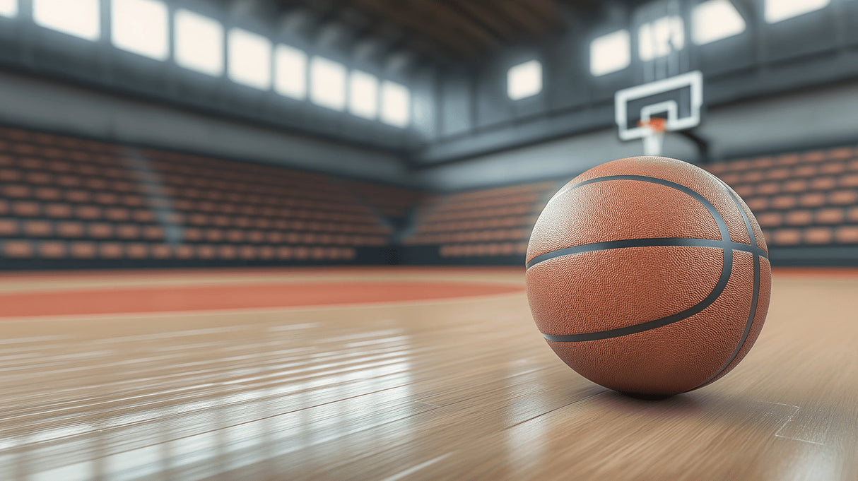 Basketball court design file showing detailed indoor arena pattern with polished hardwood floor and dramatic lighting