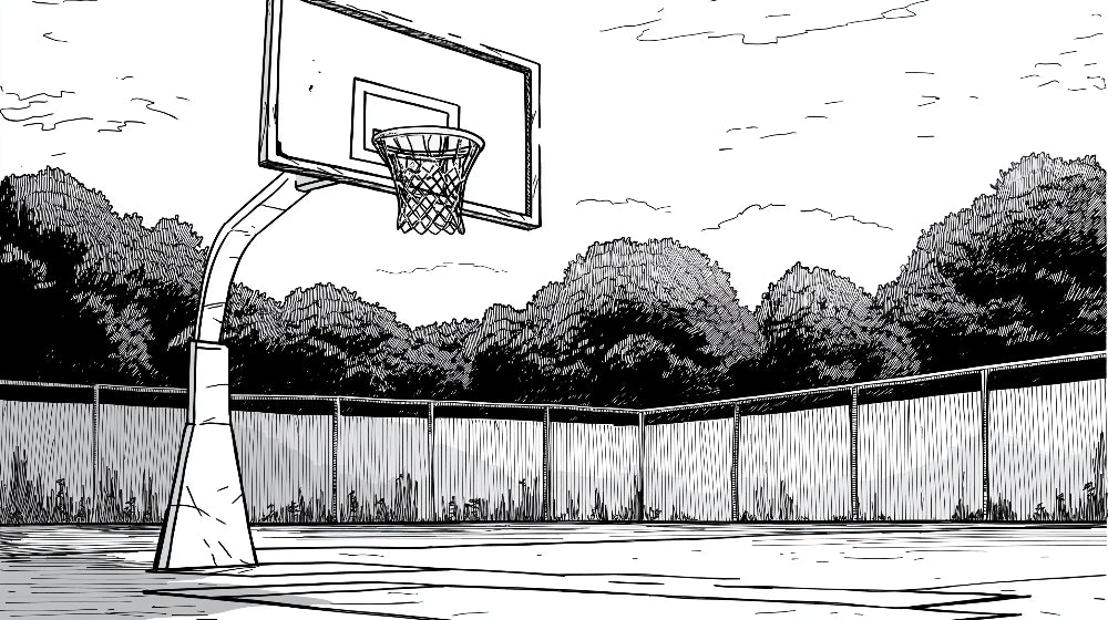 Basketball court line art wallpaper in modern teen bedroom, showing urban sports theme with minimalist black and white design