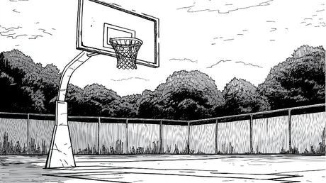 Basketball court line art wallpaper in modern teen bedroom, showing urban sports theme with minimalist black and white design
