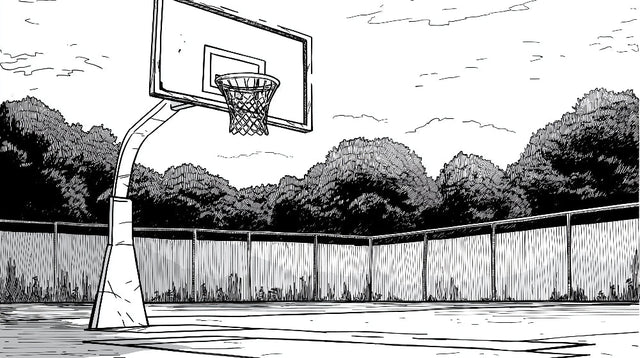 Basketball court line art wallpaper in modern teen bedroom, showing urban sports theme with minimalist black and white design