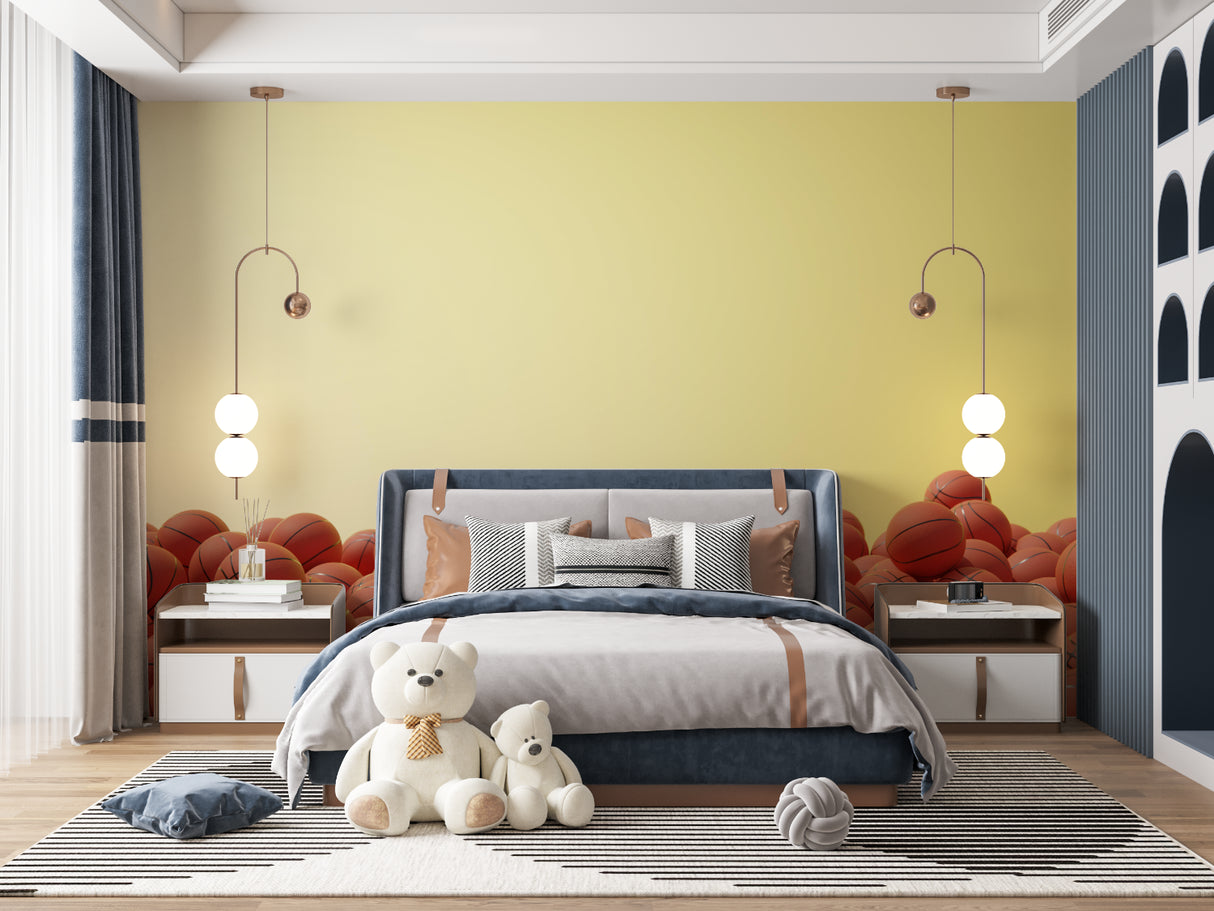 Basketball wallpaper in modern teen bedroom showing yellow and orange design creating sporty atmosphere