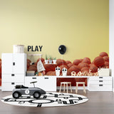Sports theme wallpaper in home gym with basketball pattern adding energy to workout space