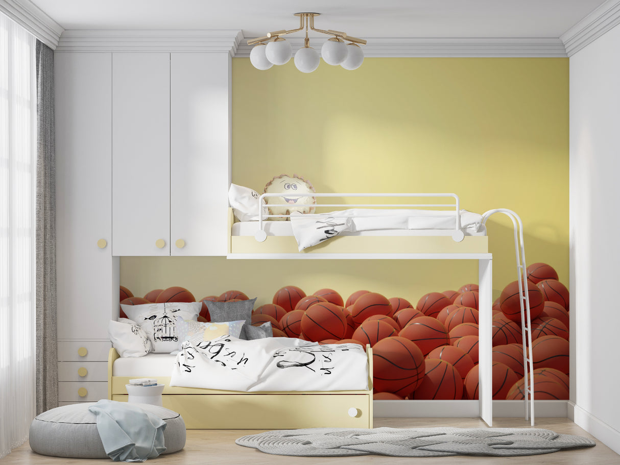 Modern basketball wallpaper displayed in game room with contemporary furniture