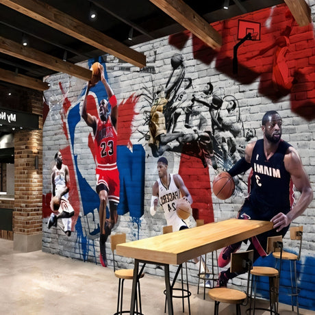 Basketball legends street art wallpaper in modern teen bedroom with ambient lighting