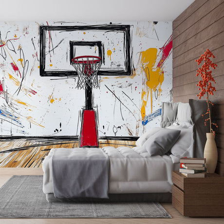 Basketball wall mural bringing street art vibes to a modern teen bedroom, with bold colors and urban style