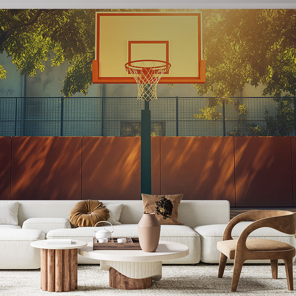 Basketball court wallpaper mural in modern teen bedroom, creating an inspiring athletic atmosphere with warm sunset tones