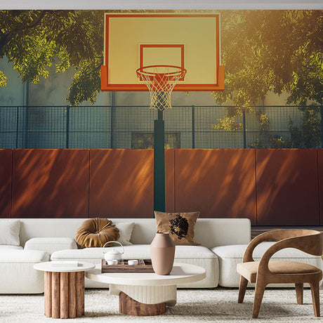 Basketball court wallpaper mural in modern teen bedroom, creating an inspiring athletic atmosphere with warm sunset tones