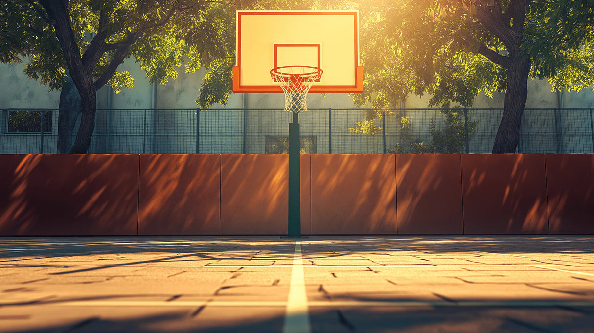 Basketball court wallpaper design file showing detailed sunset scene with golden light effects