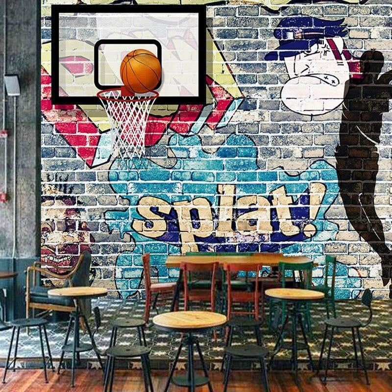 Basketball graffiti wallpaper in modern teen bedroom showing urban street art style with spray paint effects