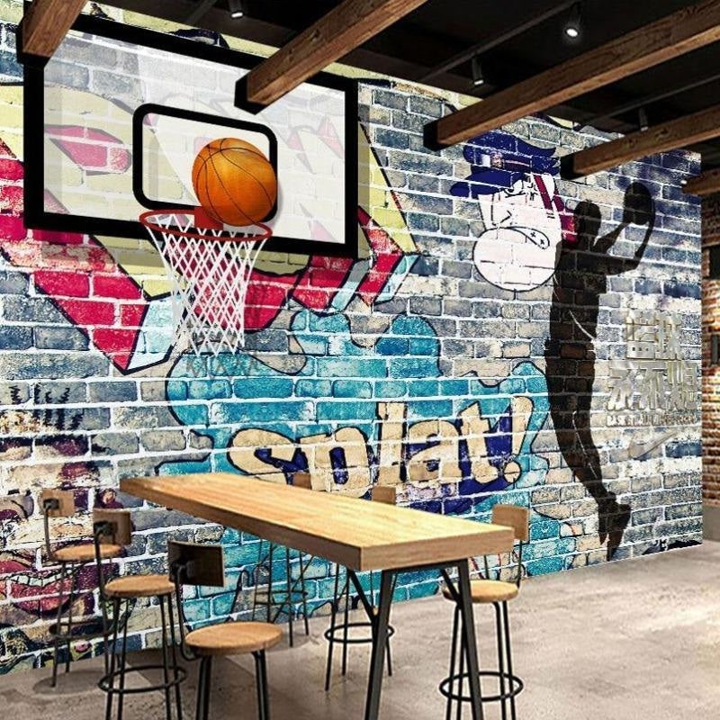 Basketball wall mural displayed in sports center lobby featuring graffiti art and brick textures