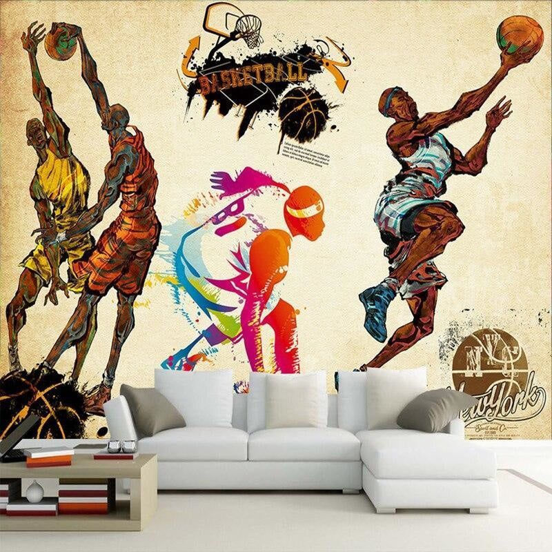 Basketball mural wallpaper shown in modern teen bedroom with urban sports theme and ambient lighting
