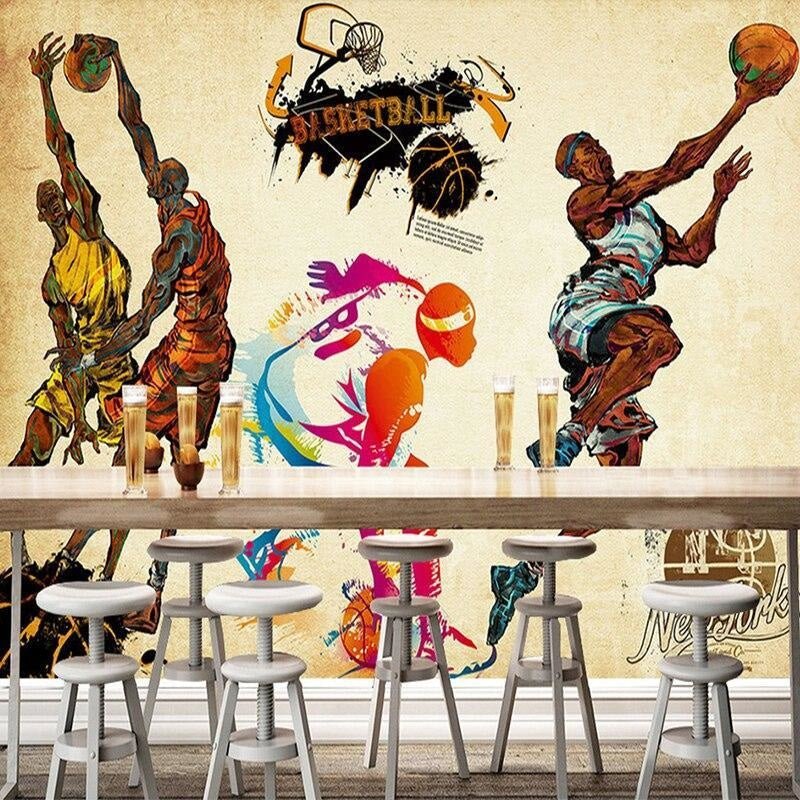 Basketball themed wallpaper displayed in home gym with exercise equipment and street style decor