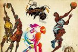 Basketball wall mural design file showing full pattern with dynamic player silhouettes and urban art elements