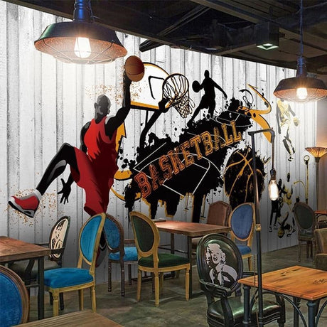 Basketball mural wallpaper bringing urban style to a modern teen bedroom with street art vibes