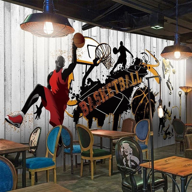 Basketball mural wallpaper bringing urban style to a modern teen bedroom with street art vibes