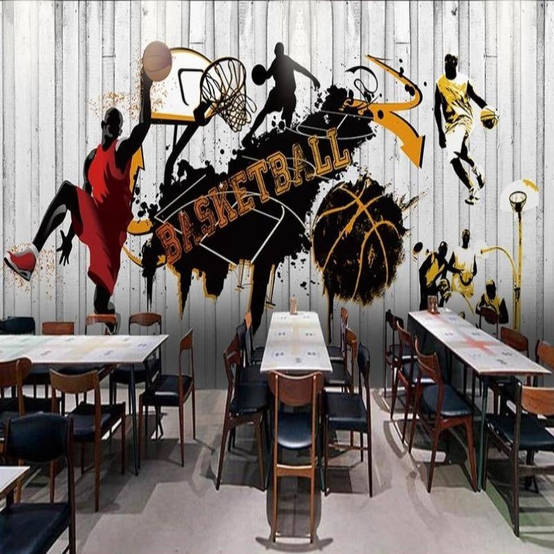 Basketball wall mural displayed in a cool game room showing street art energy